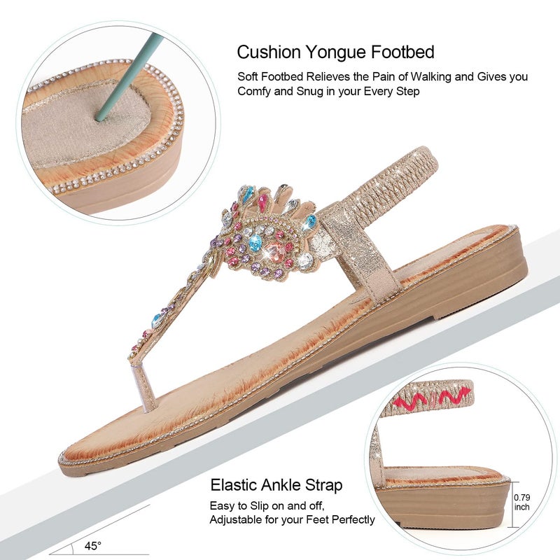 iCKER Women Rhinestone Sandals T-Strap Buckle Bohemian Pearl Crystal Flat Sandals-PD01-Gold-9 - Image 3